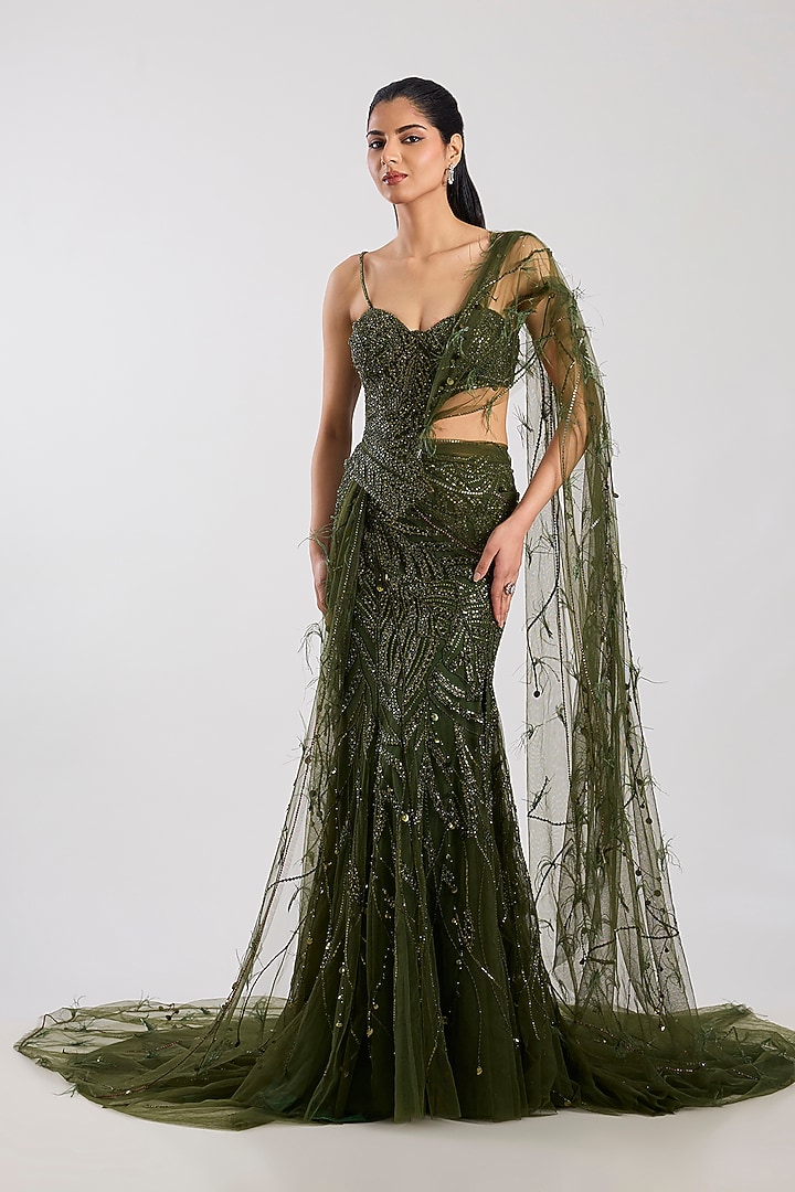 Olive Tulle Hand Embroidered Skirt Bridal Saree Set by Dolly J at Pernia's Pop Up Shop