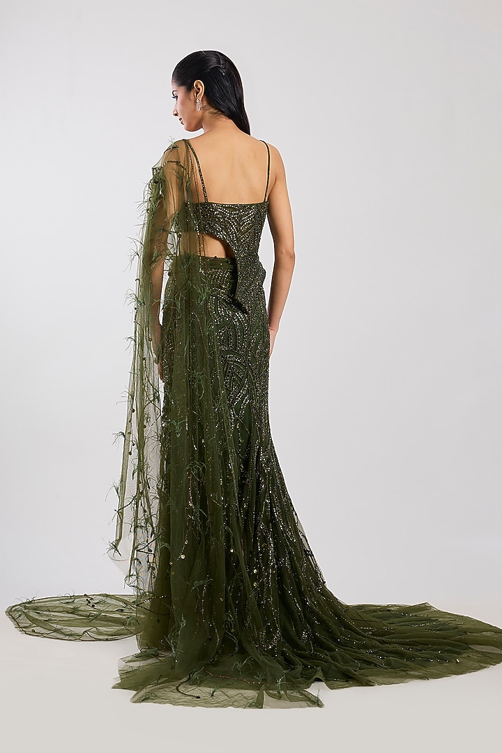 Olive Tulle Hand Embroidered Skirt Bridal Saree Set by Dolly J at Pernia's Pop Up Shop