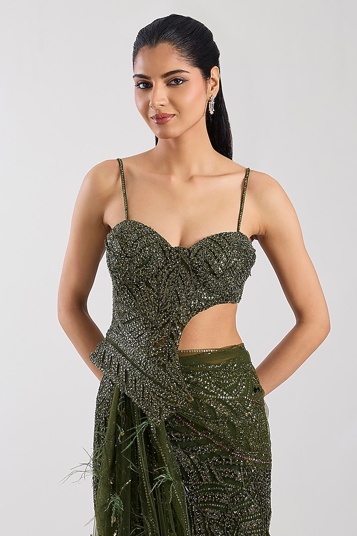 Olive Tulle Hand Embroidered Skirt Bridal Saree Set by Dolly J at Pernia's Pop Up Shop