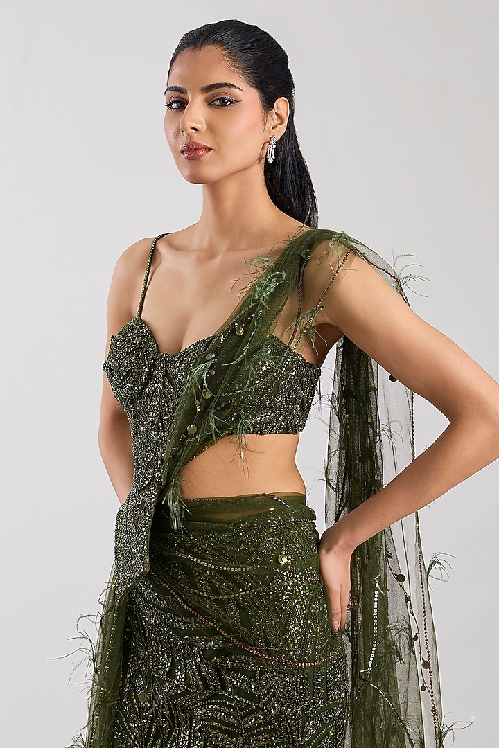Olive Tulle Hand Embroidered Skirt Bridal Saree Set by Dolly J at Pernia's Pop Up Shop