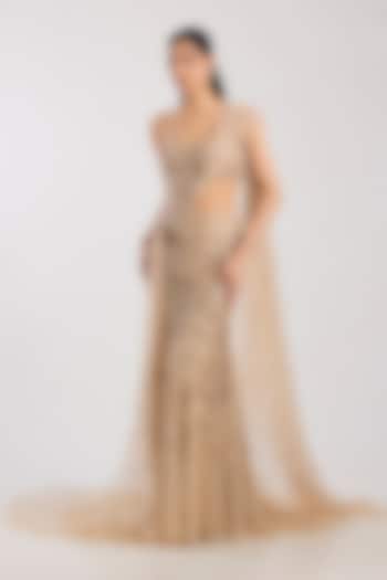 Champagne Tulle Hand Embroidered Skirt Bridal Saree Set by Dolly J at Pernia's Pop Up Shop