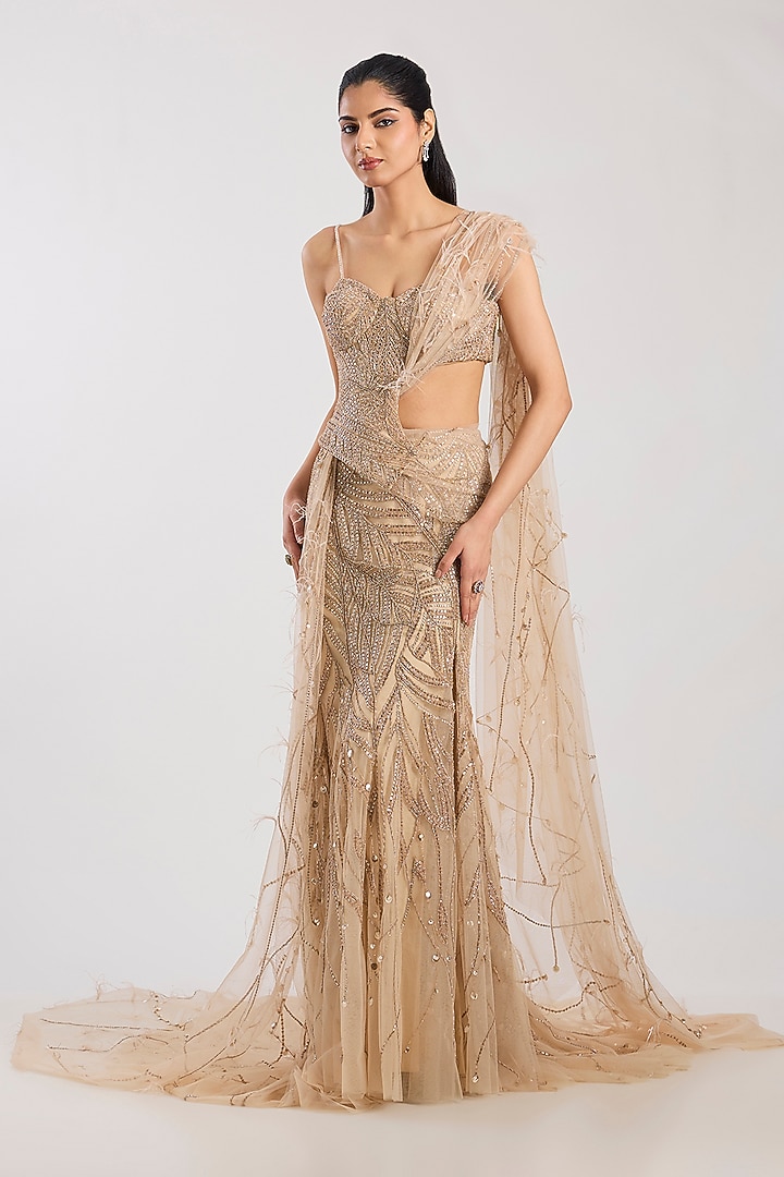 Champagne Tulle Hand Embroidered Skirt Bridal Saree Set by Dolly J at Pernia's Pop Up Shop