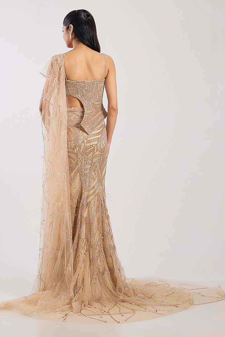 Champagne Tulle Hand Embroidered Skirt Bridal Saree Set by Dolly J at Pernia's Pop Up Shop