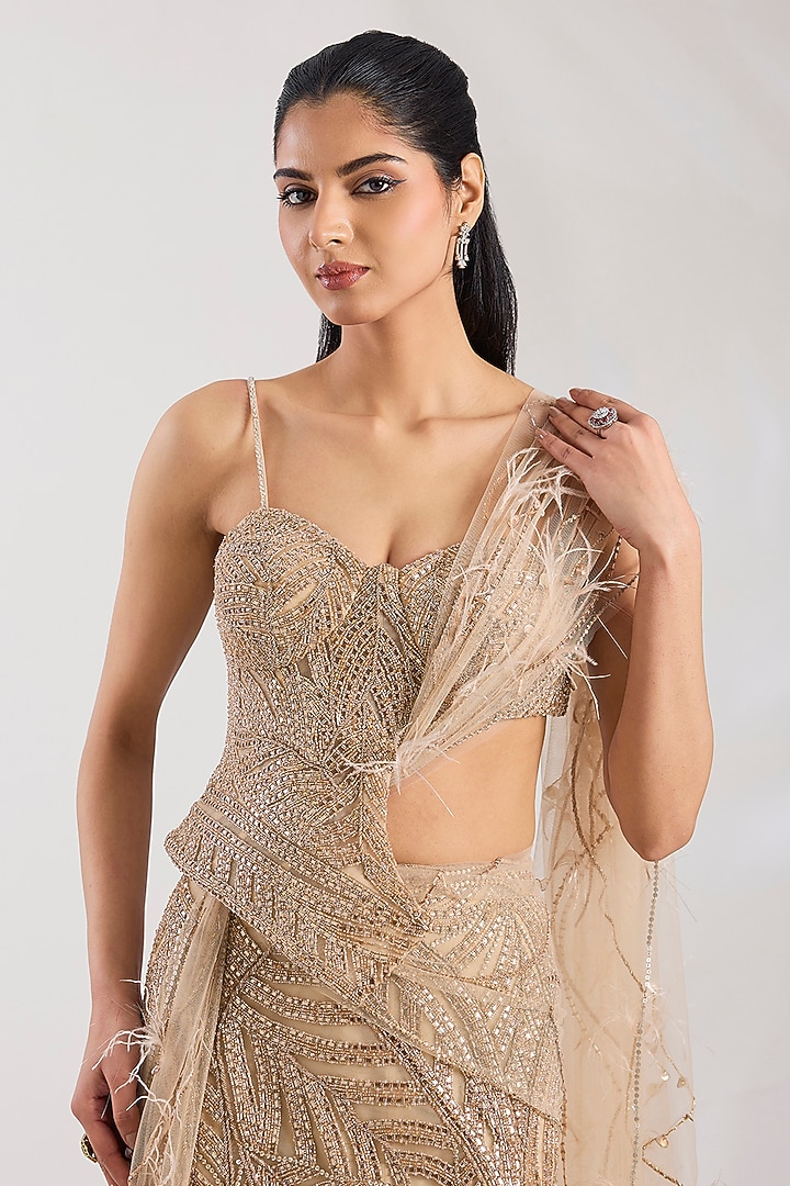 Champagne Tulle Hand Embroidered Skirt Bridal Saree Set by Dolly J at Pernia's Pop Up Shop