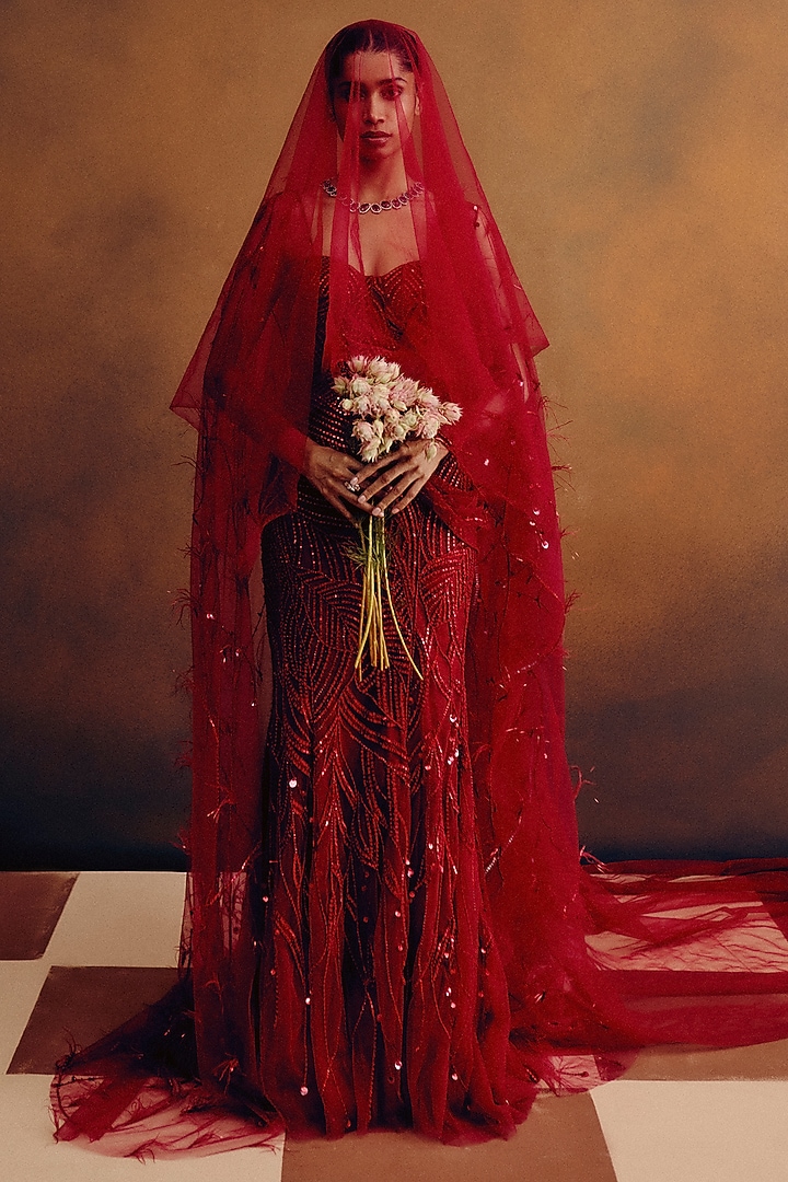 Deep Red Tulle Monochromatic Embroidered Skirt Set by Dolly J at Pernia's Pop Up Shop