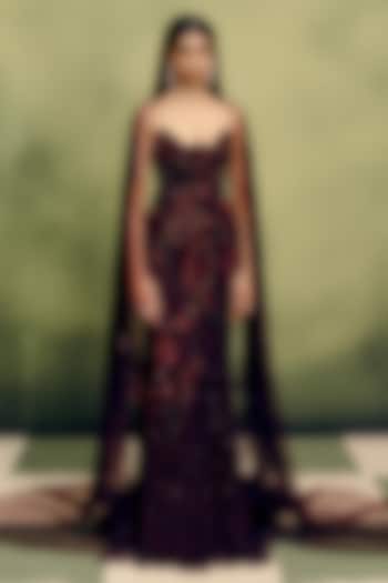 Cherry Red Georgette Beads Embroidered Skirt Set by Dolly J at Pernia's Pop Up Shop