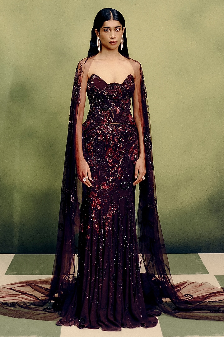 Cherry Red Georgette Beads Embroidered Skirt Set by Dolly J at Pernia's Pop Up Shop