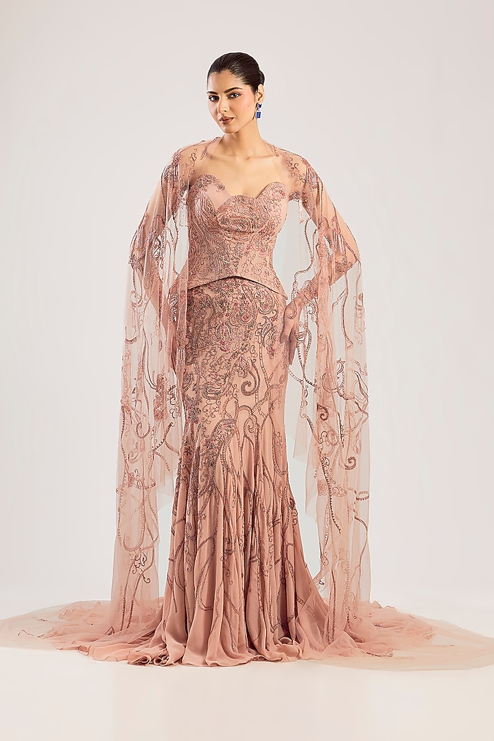 Blush Georgette Hand Embroidered Bridal Lehenga Set by Dolly J at Pernia's Pop Up Shop