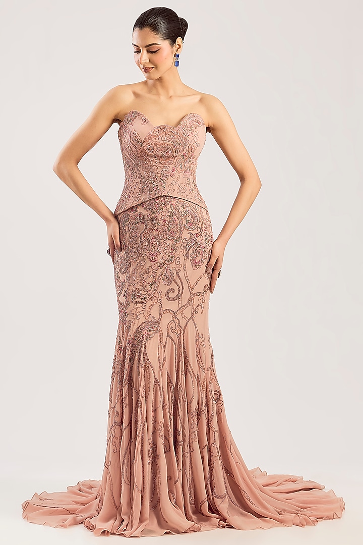 Blush Georgette Hand Embroidered Bridal Lehenga Set by Dolly J at Pernia's Pop Up Shop