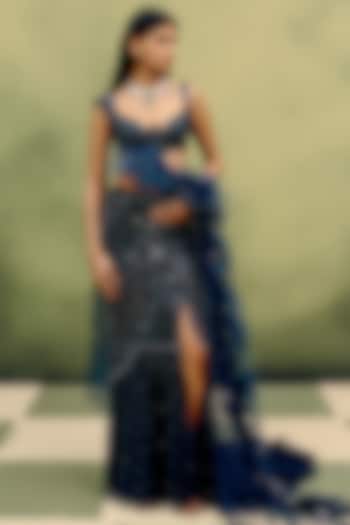 Navy Blue Tulle Monochromatic Embroidered Skirt Set by Dolly J at Pernia's Pop Up Shop