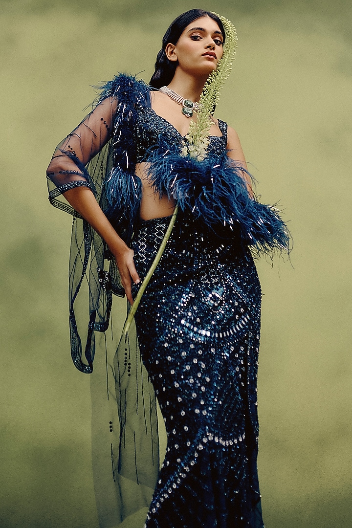 Navy Blue Tulle Monochromatic Embroidered Skirt Set by Dolly J at Pernia's Pop Up Shop