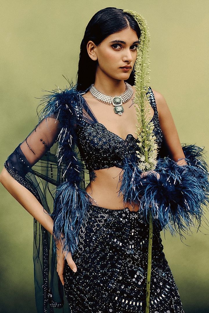 Navy Blue Tulle Monochromatic Embroidered Skirt Set by Dolly J at Pernia's Pop Up Shop