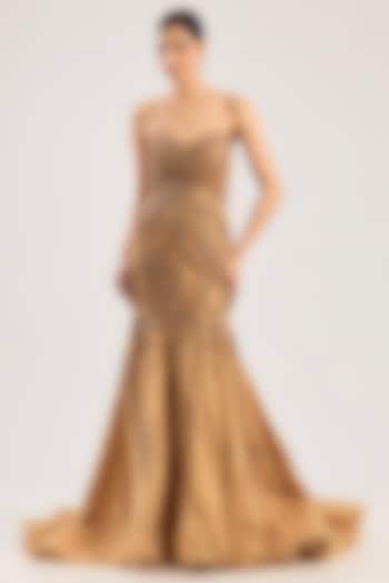 Gold Georgette Hand Embellished Wedding Gown by Dolly J at Pernia's Pop Up Shop