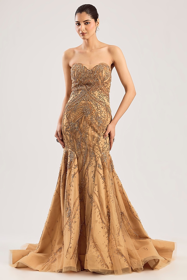Gold Georgette Hand Embellished Wedding Gown by Dolly J at Pernia's Pop Up Shop