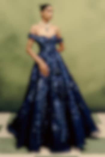 Navy Blue Organza Hand Embroidered Ball Bridal Gown by Dolly J at Pernia's Pop Up Shop