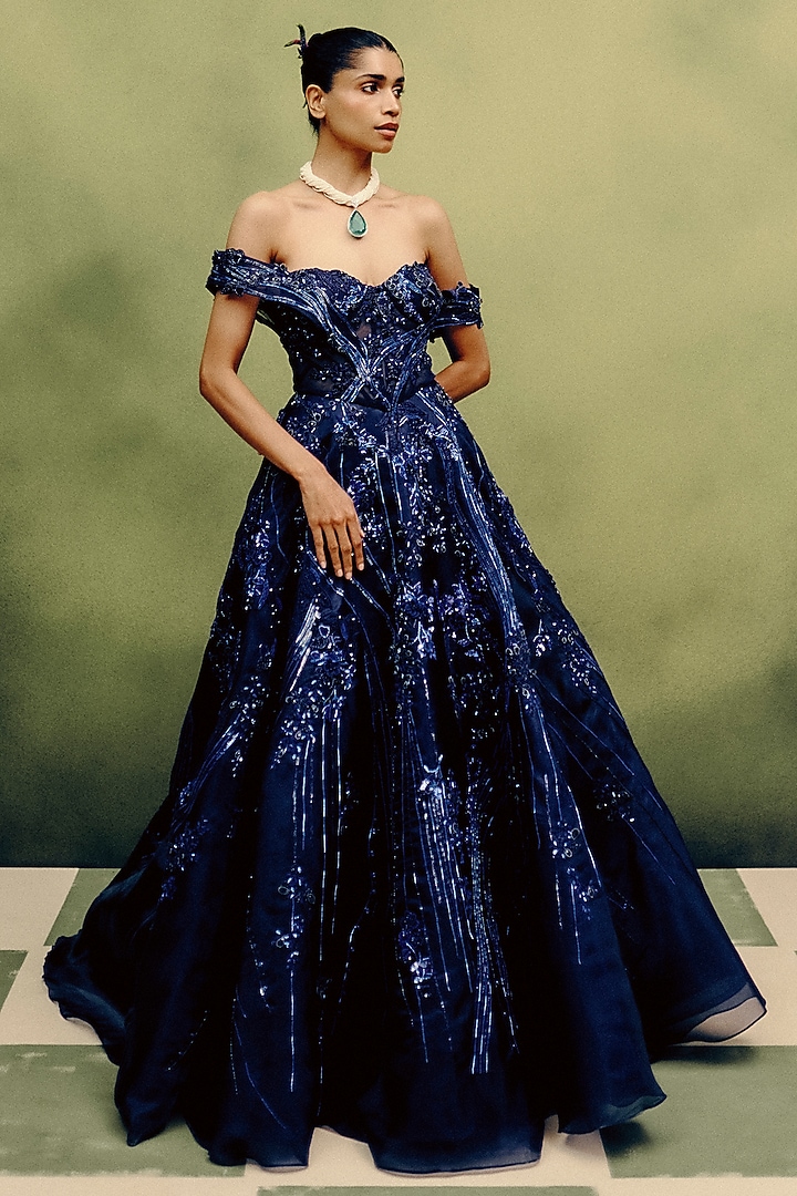 Navy Blue Organza Hand Embroidered Ball Bridal Gown by Dolly J at Pernia's Pop Up Shop