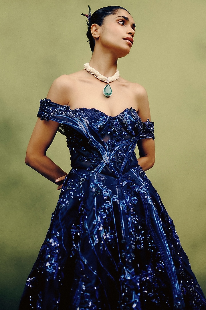 Navy Blue Organza Hand Embroidered Ball Bridal Gown by Dolly J at Pernia's Pop Up Shop