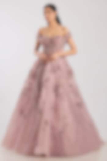Mauve Organza Hand Embroidered Ball Bridal Gown by Dolly J at Pernia's Pop Up Shop
