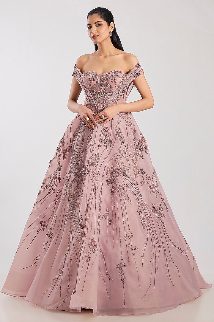Mauve Organza Hand Embroidered Ball Bridal Gown by Dolly J at Pernia's Pop Up Shop