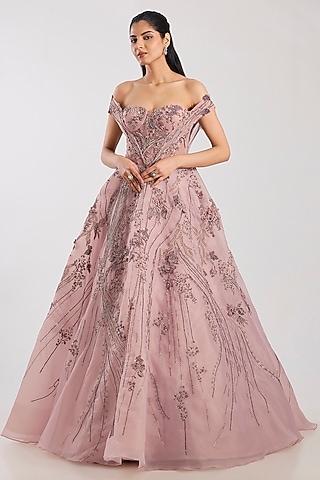 Mauve Organza Hand Embroidered Ball Gown by Dolly J
