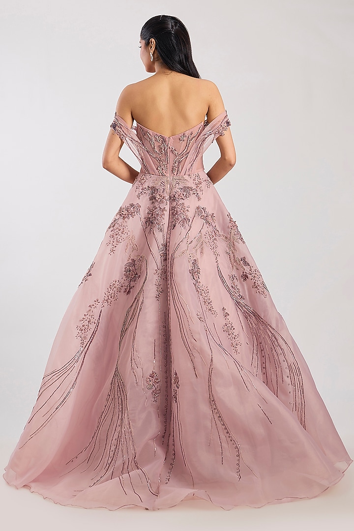 Mauve Organza Hand Embroidered Ball Bridal Gown by Dolly J at Pernia's Pop Up Shop