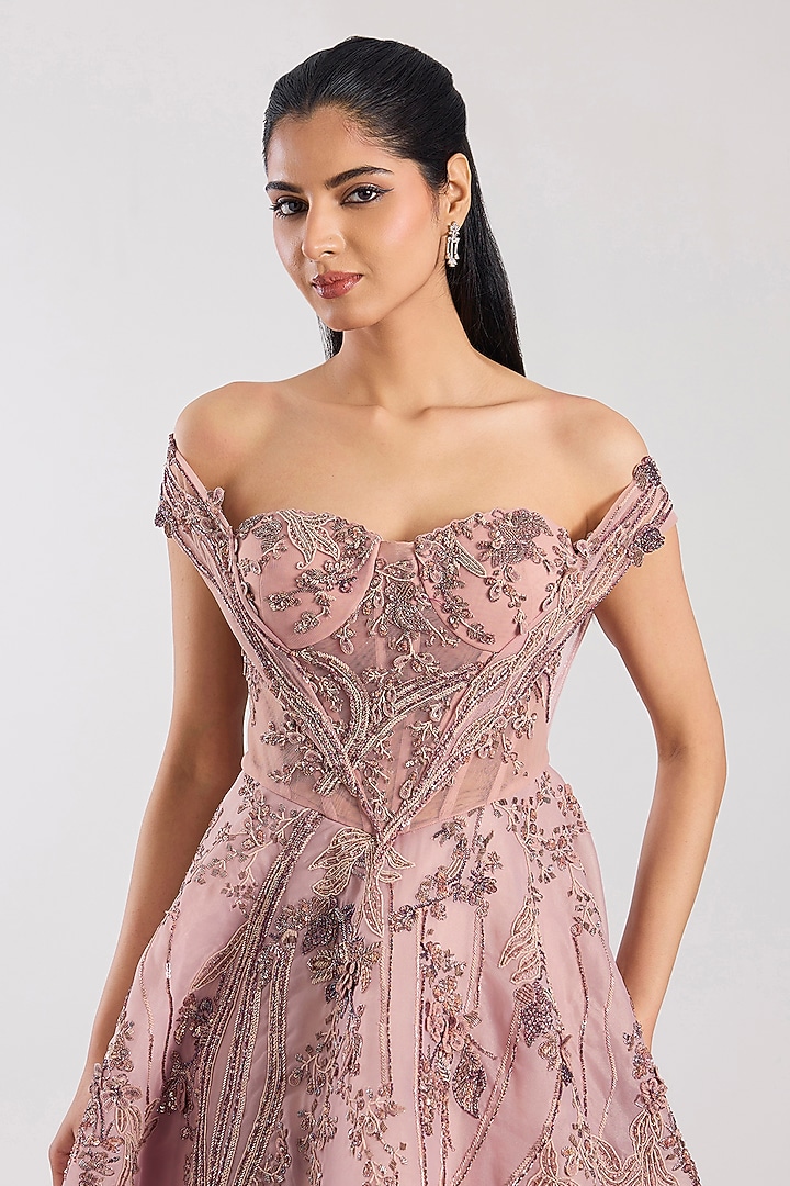 Mauve Organza Hand Embroidered Ball Bridal Gown by Dolly J at Pernia's Pop Up Shop
