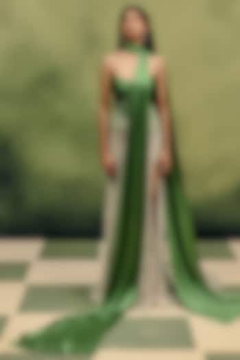 Verdant Green & White Net Hand Embroidered Bridal Gown With Drape by Dolly J at Pernia's Pop Up Shop