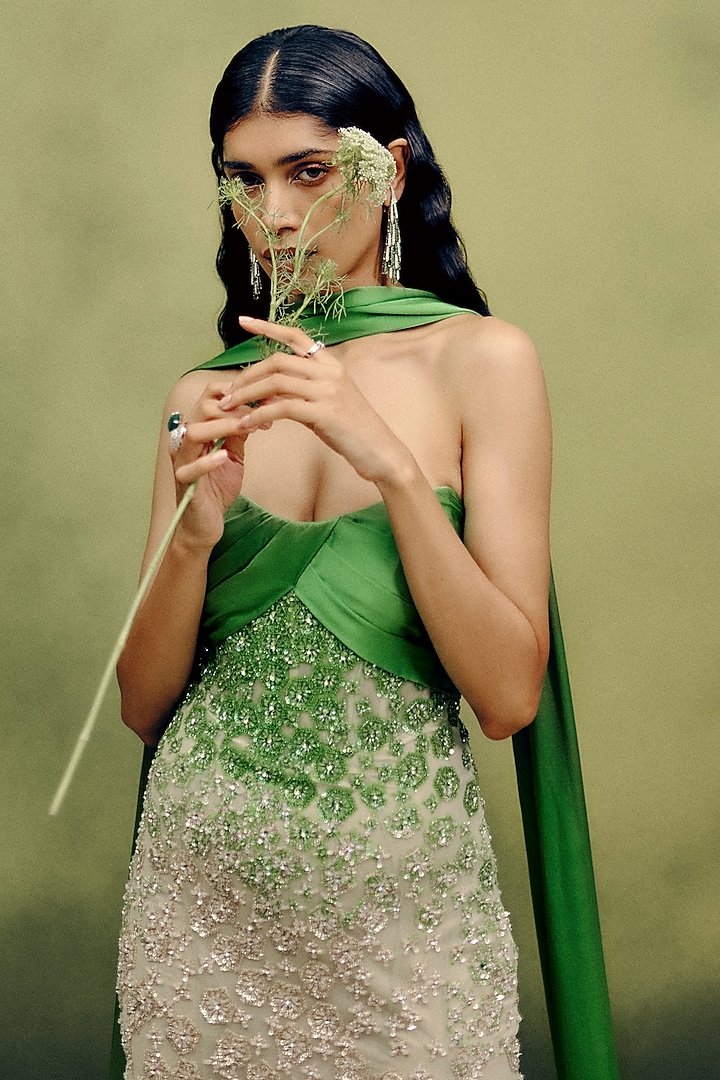 Verdant Green & White Net Hand Embroidered Bridal Gown With Drape by Dolly J at Pernia's Pop Up Shop