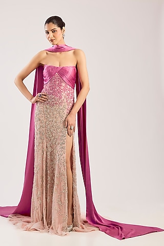Blush Net Hand Embroidered Gown by Dolly J