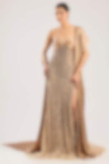 Champagne Net Hand Embroidered Bridal Gown by Dolly J at Pernia's Pop Up Shop