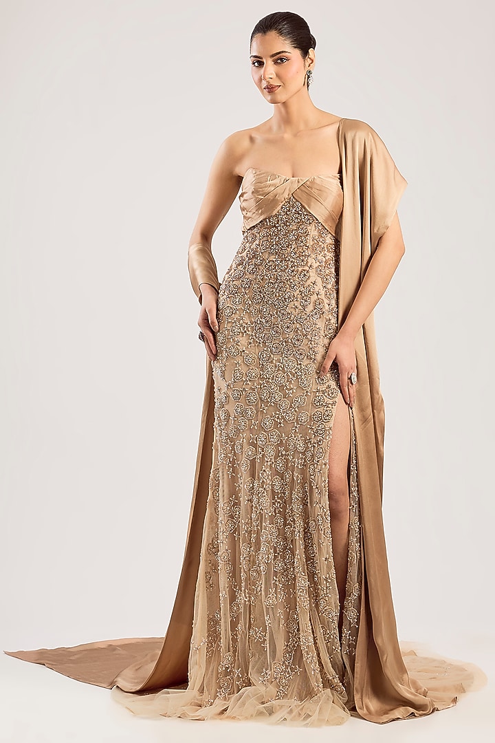 Champagne Net Hand Embroidered Bridal Gown by Dolly J at Pernia's Pop Up Shop