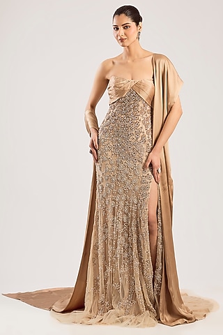 golden maxi dress for wedding Cocomelody A-Line Maxi Metallic Formal Dress CS0655, Grey main image 1