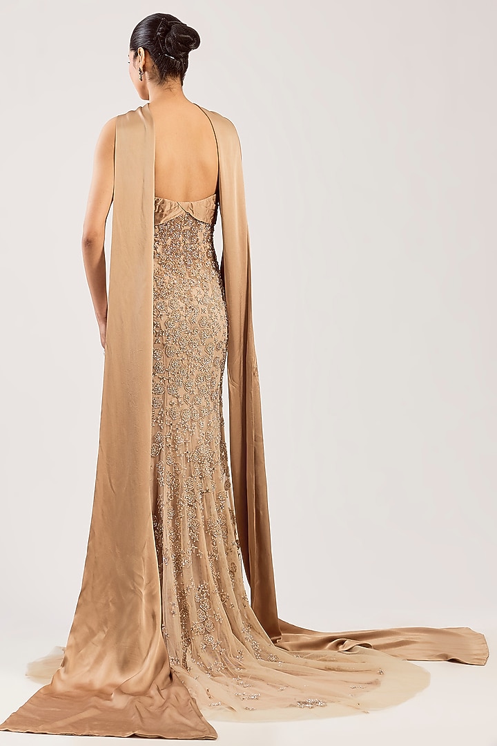 Champagne Net Hand Embroidered Bridal Gown by Dolly J at Pernia's Pop Up Shop
