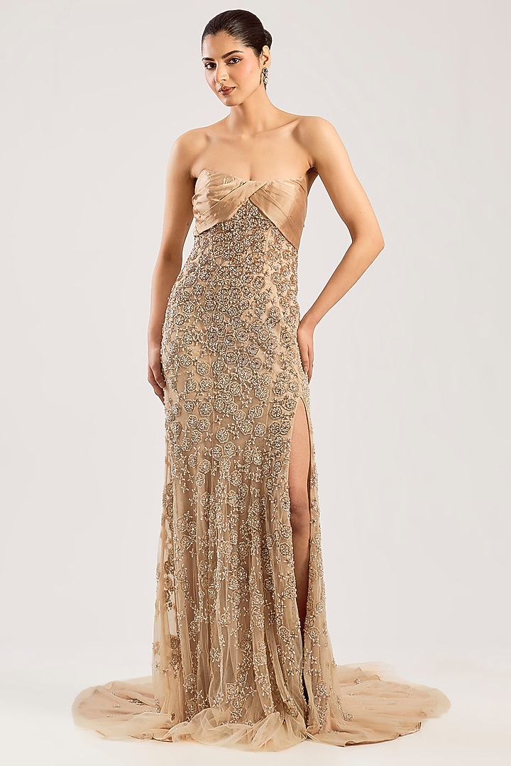 Champagne Net Hand Embroidered Bridal Gown by Dolly J at Pernia's Pop Up Shop