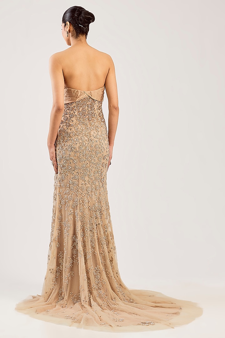 Champagne Net Hand Embroidered Bridal Gown by Dolly J at Pernia's Pop Up Shop
