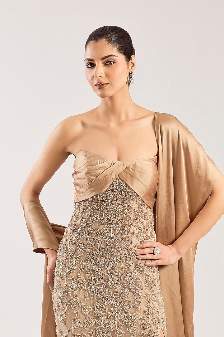 Champagne Net Hand Embroidered Bridal Gown by Dolly J at Pernia's Pop Up Shop