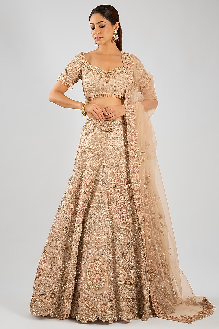 Pastel Gold Tulle Zari Embroidered Bridal Lehenga Set by Dolly J at Pernia's Pop Up Shop
