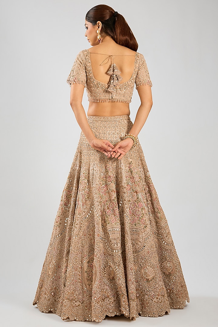 Pastel Gold Tulle Zari Embroidered Bridal Lehenga Set by Dolly J at Pernia's Pop Up Shop