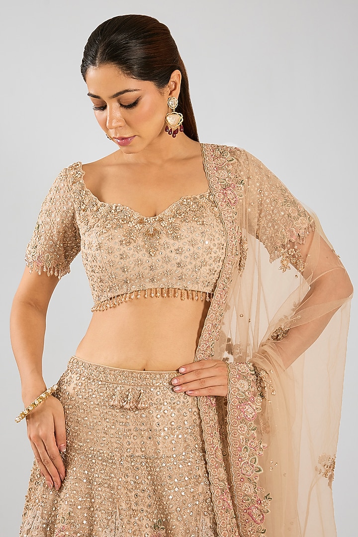 Pastel Gold Tulle Zari Embroidered Bridal Lehenga Set by Dolly J at Pernia's Pop Up Shop