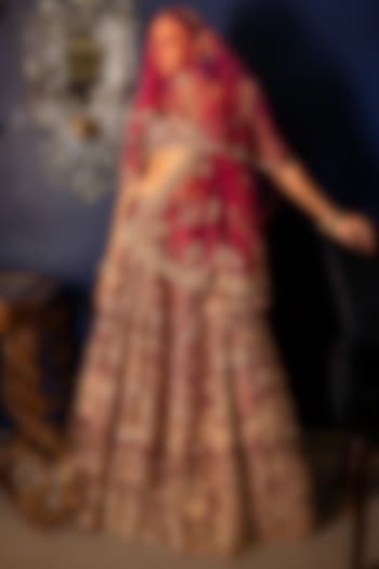 Maroon Blood Red Tissue Motifs Embroidered Bridal Lehenga Set by Dolly J at Pernia's Pop Up Shop