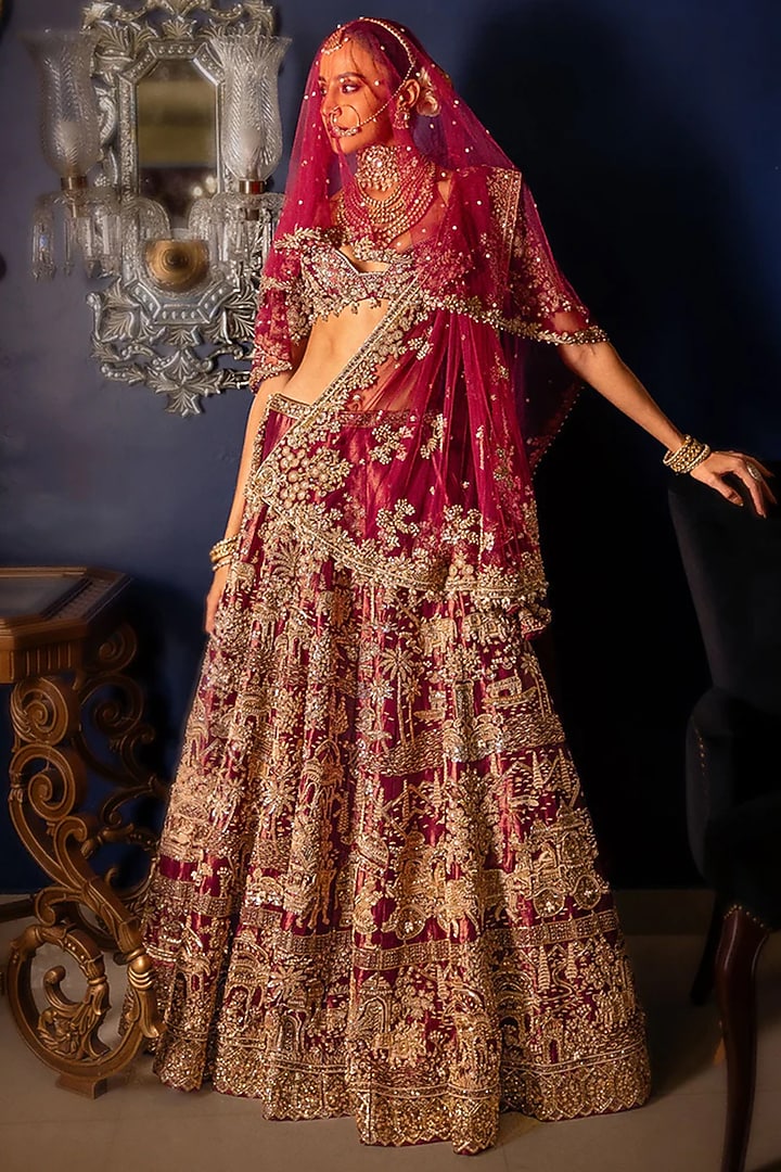 Maroon Blood Red Tissue Motifs Embroidered Bridal Lehenga Set by Dolly J at Pernia's Pop Up Shop