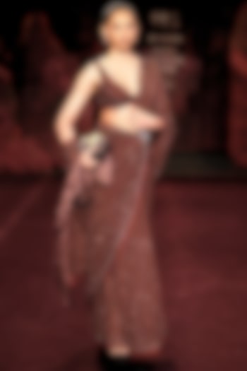 Mocha Brown Chiffon Sequin Embellished Reception Saree Set by Dolly J at Pernia's Pop Up Shop
