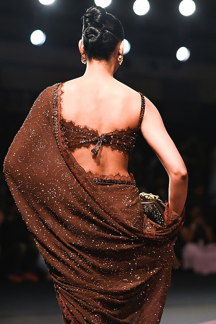 Mocha Brown Chiffon Sequin Embellished Reception Saree Set by Dolly J at Pernia's Pop Up Shop