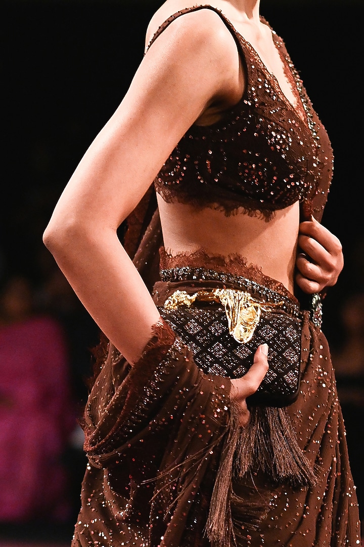 Mocha Brown Chiffon Sequin Embellished Reception Saree Set by Dolly J at Pernia's Pop Up Shop