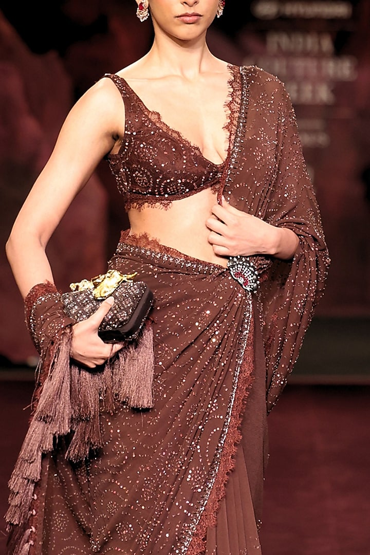 Mocha Brown Chiffon Sequin Embellished Reception Saree Set by Dolly J at Pernia's Pop Up Shop