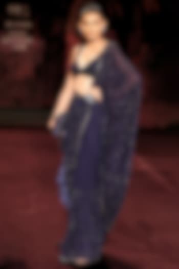 Sapphire Blue Chiffon Sequin Embellished Reception Saree Set by Dolly J at Pernia's Pop Up Shop