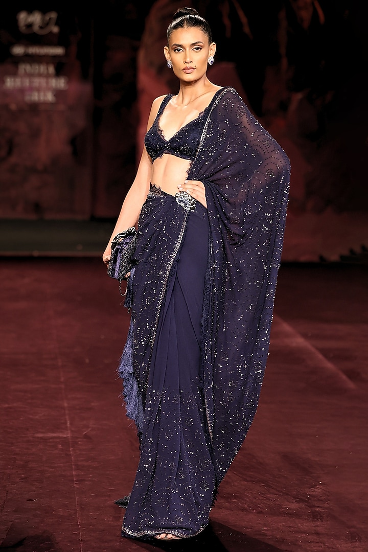 Sapphire Blue Chiffon Sequin Embellished Reception Saree Set by Dolly J at Pernia's Pop Up Shop
