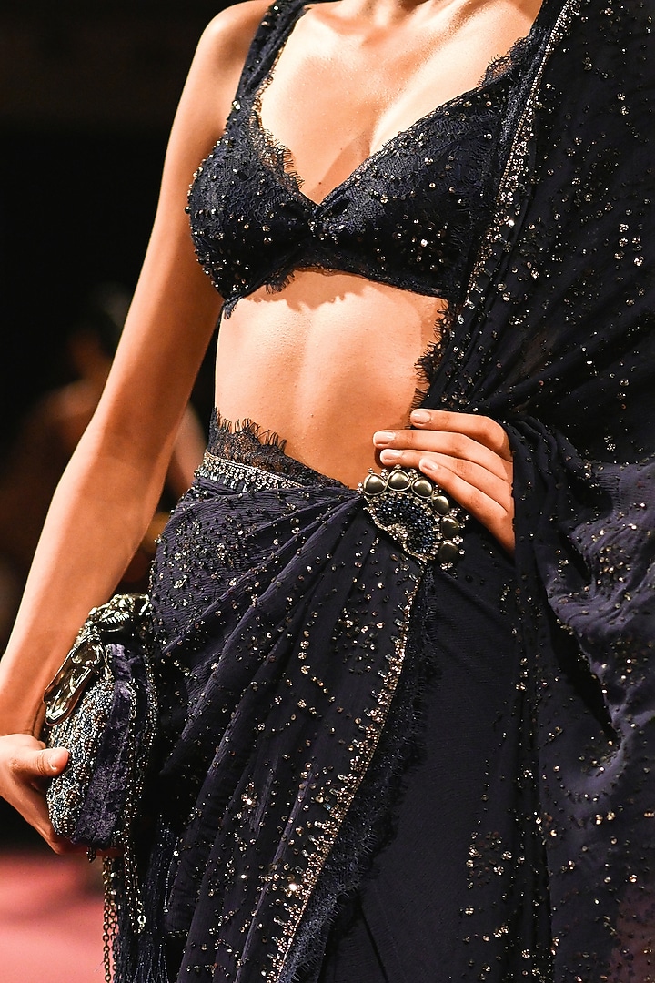Sapphire Blue Chiffon Sequin Embellished Reception Saree Set by Dolly J at Pernia's Pop Up Shop