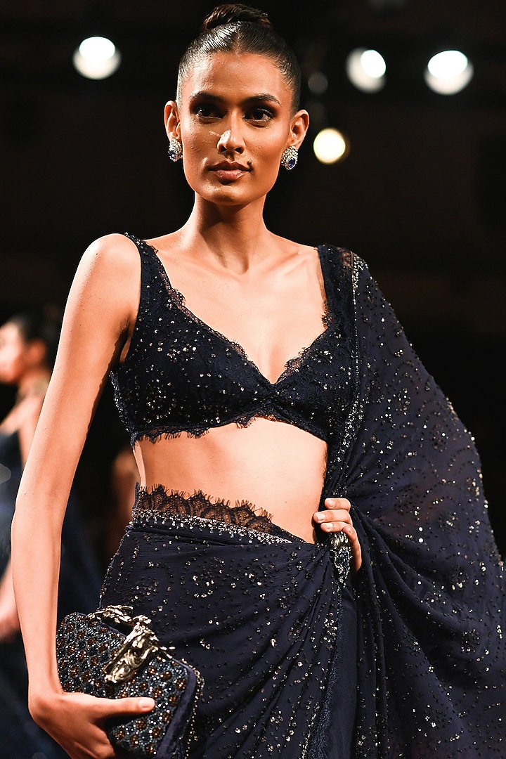 Sapphire Blue Chiffon Sequin Embellished Reception Saree Set by Dolly J at Pernia's Pop Up Shop