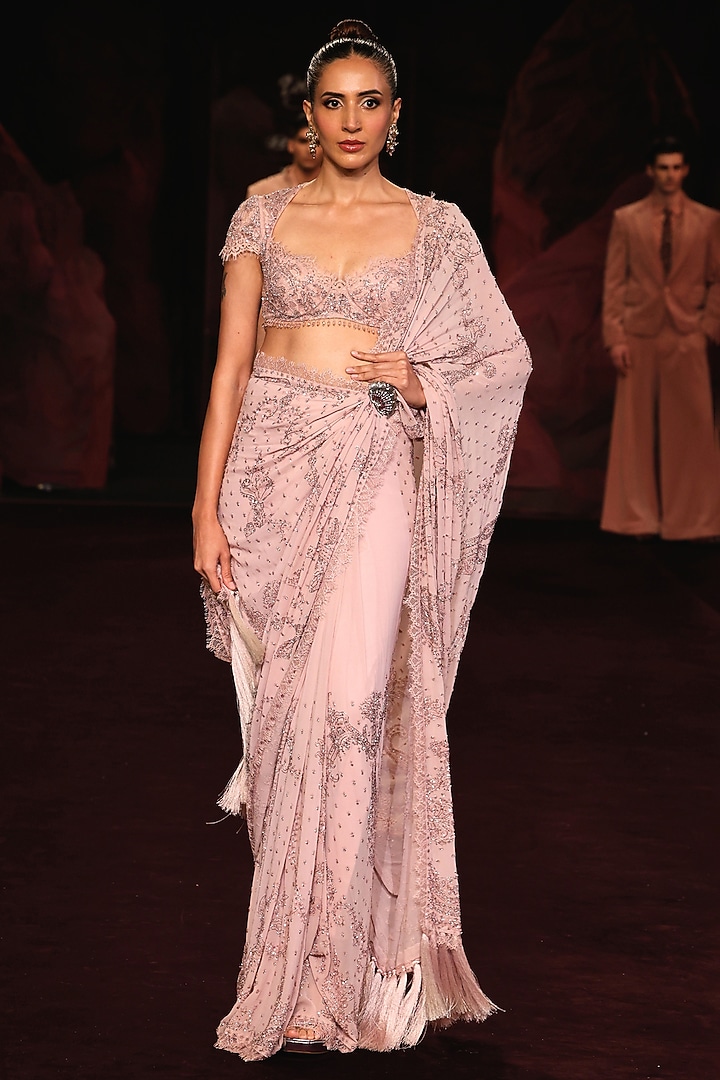 Blush Pink Georgette Crystal Embellished Bridal Saree Set by Dolly J at Pernia's Pop Up Shop